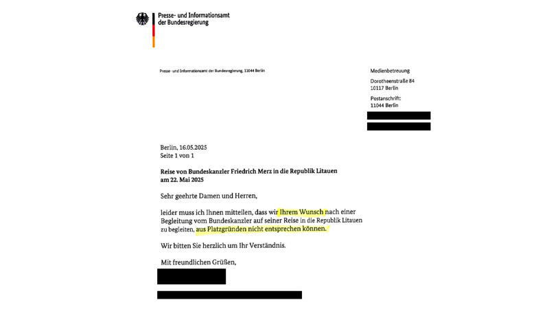 „Aus Platzgründen“ flog Kanzler Merz ohne die NIUS-Reporter nach Litauen.