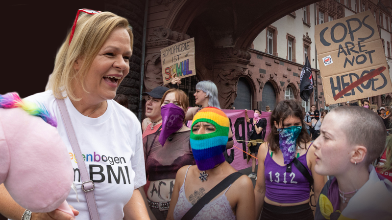 Nancy Faeser auf dem CSD in Frankfurt; vermummte Demonstranten mit ACAB-Schriftzug (Montage)