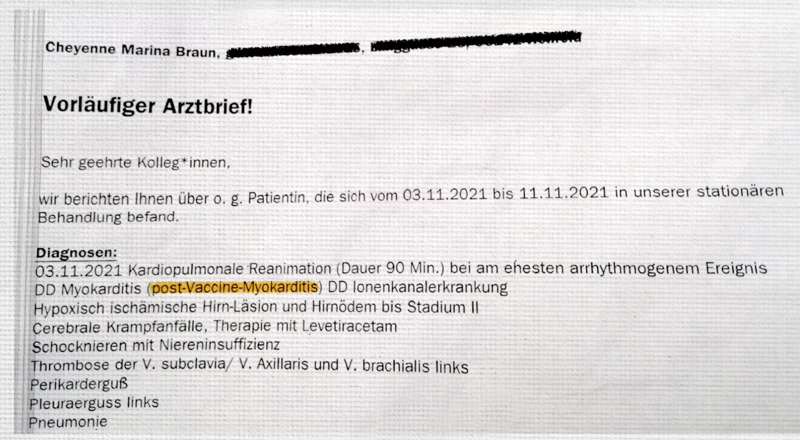 Zwei mal wird Cheyenne verlegt, während sie im Koma liegt. In dem Arztbrief diagnostieren die Mediziner eine Herzmuskelentzündung nach Impfung.
