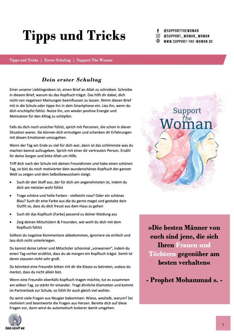 Laut diesem Merkblatt von „Support the Woman“ sollten junge Musliminnen nicht offen darüber reden, dazu gezwungen zu werden das Kopftuch zu tragen. 