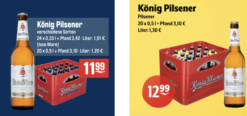 König Pilsener: links das Angebot von Getränke Hoffmann aus Juli 2019, rechts aktuell beim gleichen Händler. Ein Plus von 10 Cent pro Liter.