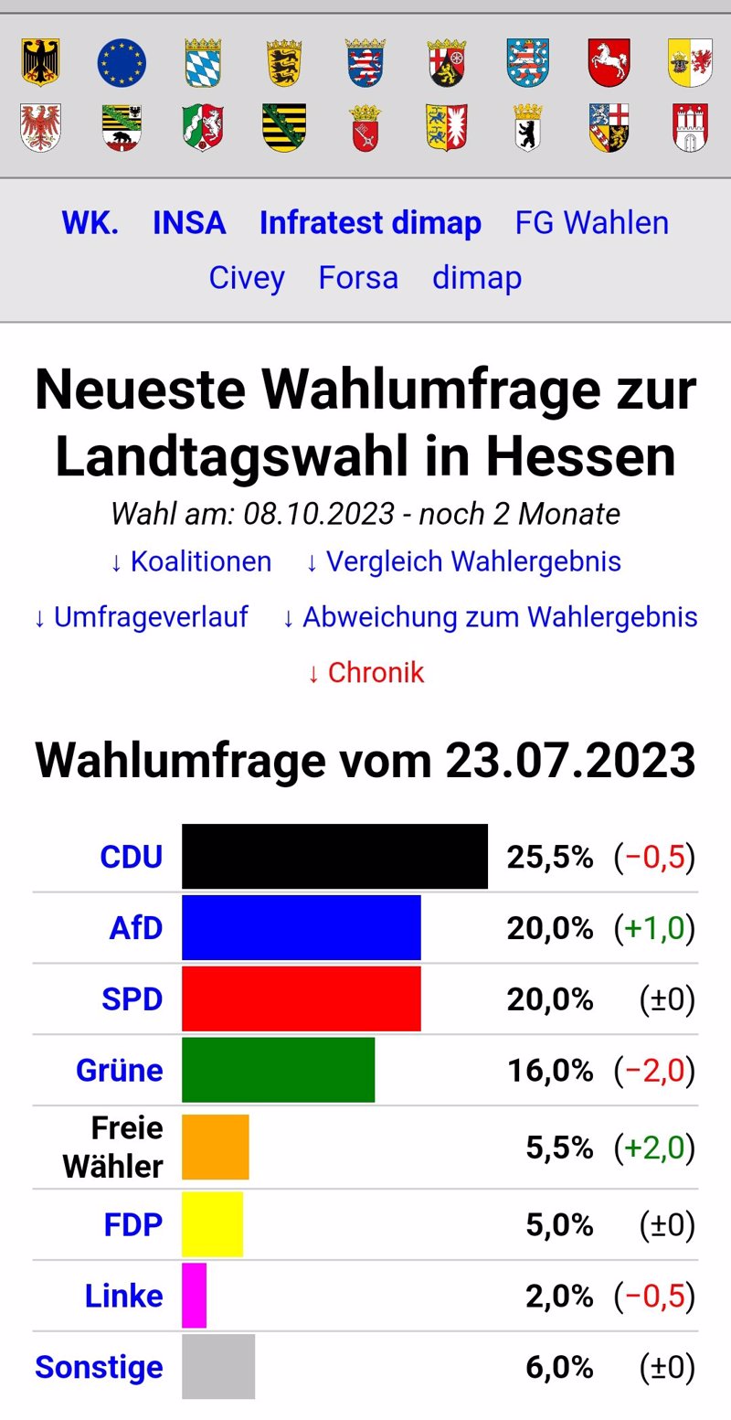 Wahlumfrage von Ende Juli sieht die AfD in Hessen bei 20 Prozent.