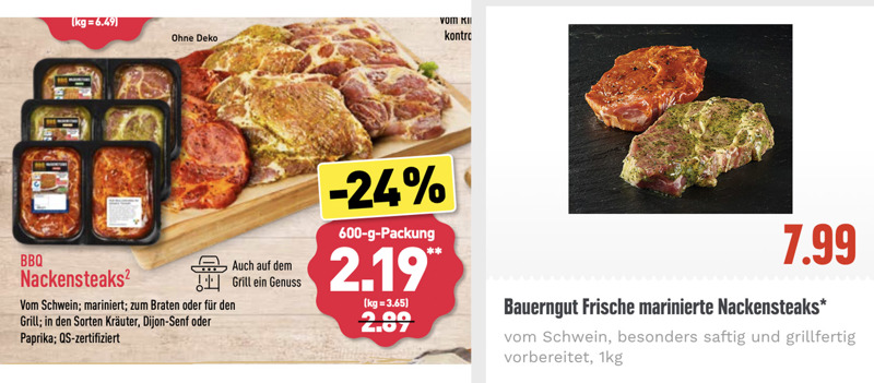 Schweinesteaks für den Grill: links das Aldi-Angebot aus dem Sommer 2019, rechts aktueller Angebotspreis aus dem Edeka-Prospekt.