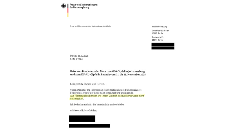 Bei der Reise des Kanzlers nach Johannesburg und Luanda war der Andrang der Journalisten zu groß – für NIUS war kein Platz mehr.
