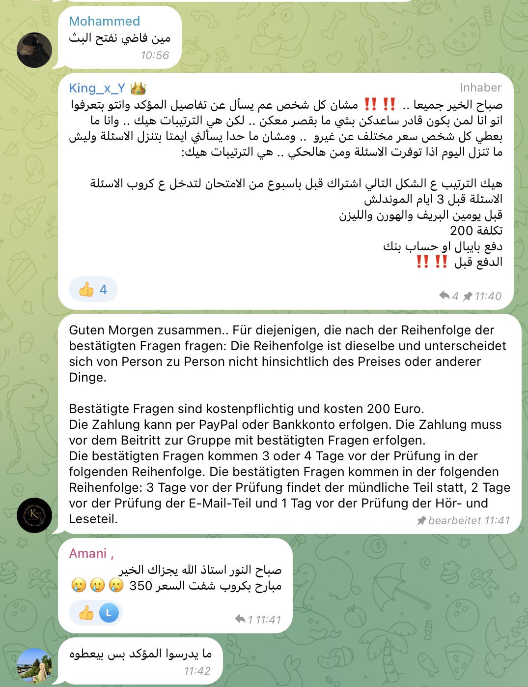 „Bestätigte Fragen“ des Sprachtests kosten auf Telegram 200 Euro. Die Nutzerin Amani bemängelt den Preis.