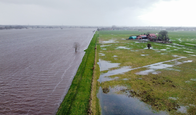 Niedersachsen, Langwedel: Ein Wohnhaus am Deich auf der Weserinsel Hagen-Grinden. Laut der Behörden in Niedersachsen bleibt die Hochwasser-Lage in den nächsten Tagen weiter angespannt.