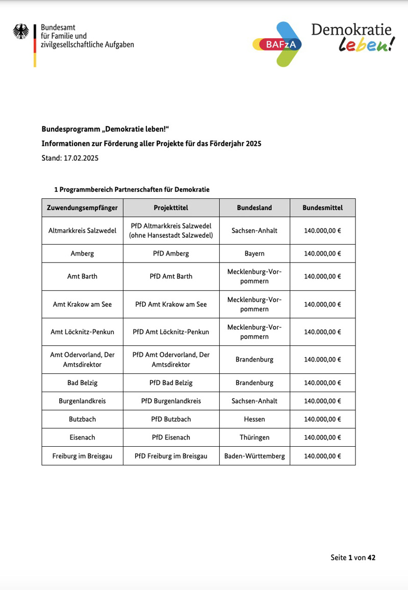 Die Liste der im Jahr 2025 geförderten Projekte stellte das Familienministerium online.