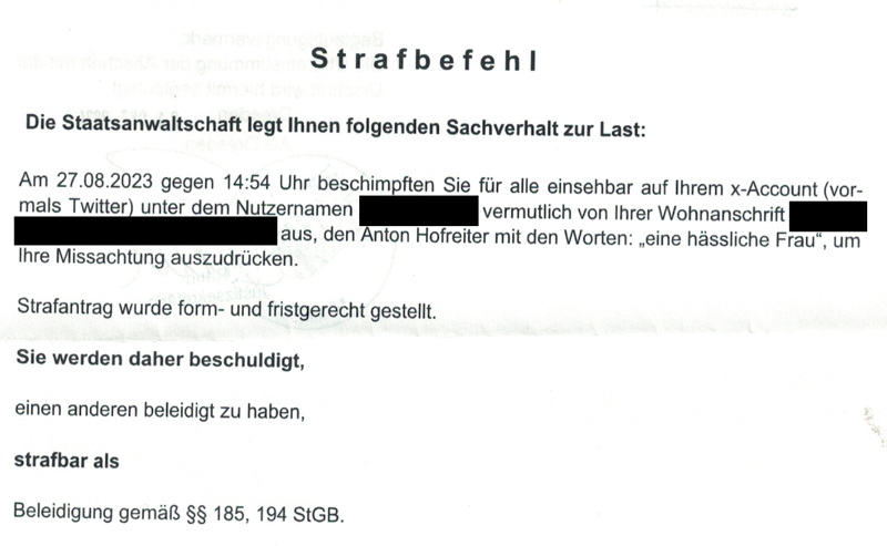 Der Strafantrag infolge des „hässliche Frau“-Kommentars