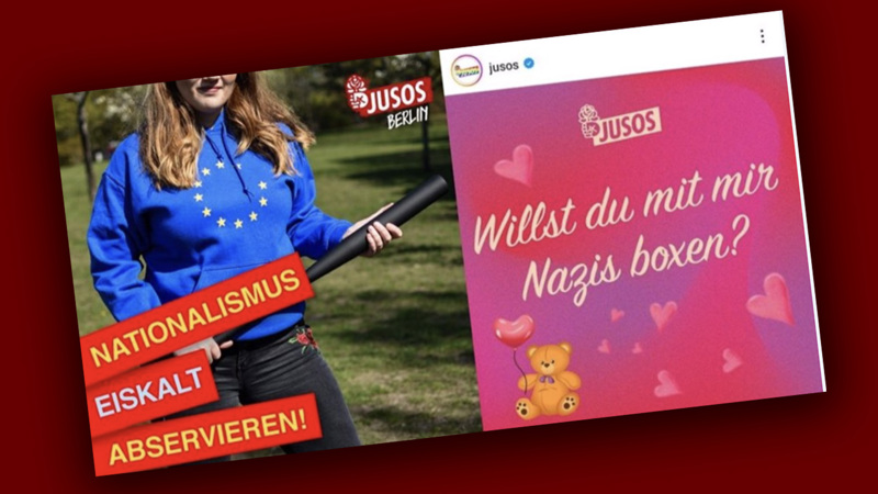 Mit dem Gummiknüppel in der Hand möchten Jusos „den Nationalismus eiskalt abservieren“ und „Nazis boxen“.