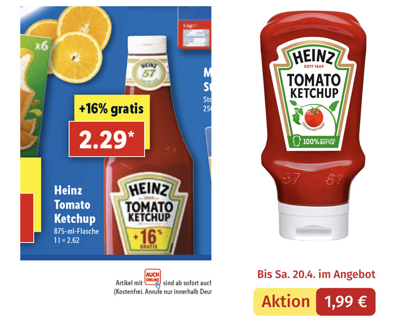 Heinz Tomato Ketchup: links bei Lidl im Juli 2019, rechts aktuell bei Rewe.