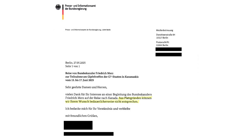 Zum G7-Treffen in Kanada konnte NIUS den Bundeskanzler leider nicht begleiten – „aus Platzgründen“.