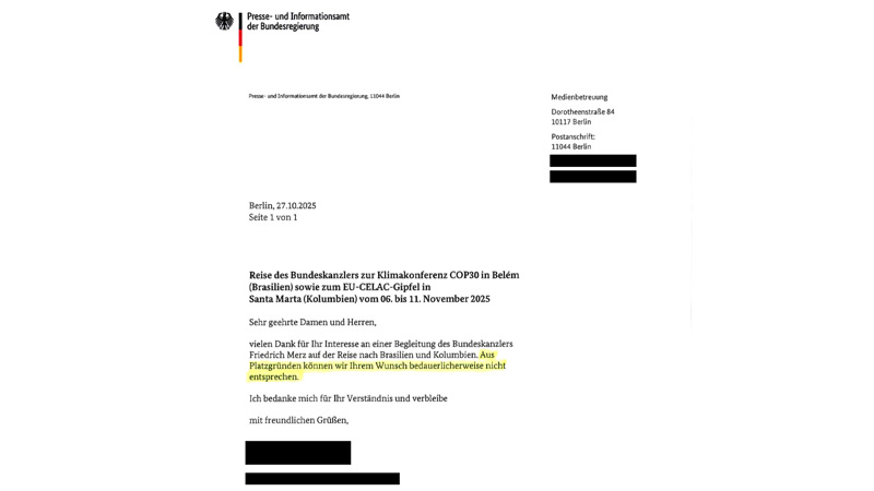 Der Kanzler reiste nach Brasilien zur Weltklimakonferenz. Für NIUS war erneut kein Platz.