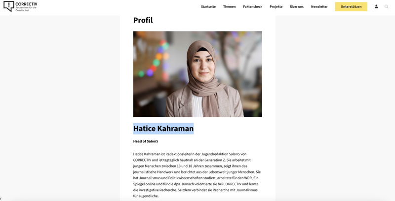 Hatice Kahraman auf der Website von Correctiv.