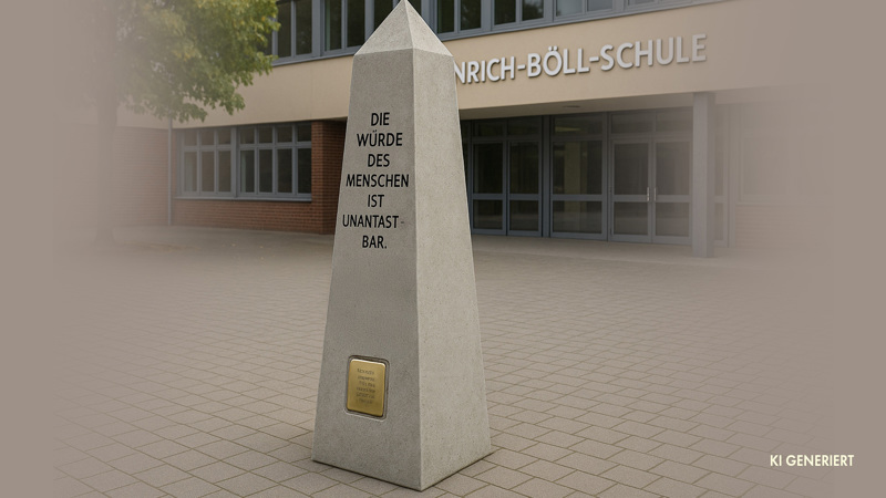 KI-generiert: Die Antirassismus AG der Heinrich-Böll-Schule aus Dortmund möchte einen neun Tonnen schweren Obelisken auf dem Schulhof bauen, um „Demokratie und Vielfalt“ anzumahnen.